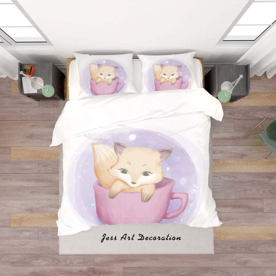 3D White Fox Cup Quilt Cover Set Bedding Set Duvet Cover Pillowcases SF84