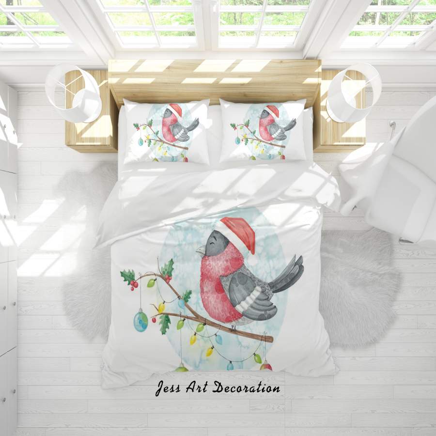 3D White Branch Bird Christmas Hat Quilt Cover Set Bedding Set Duvet Cover Pillowcases SF18