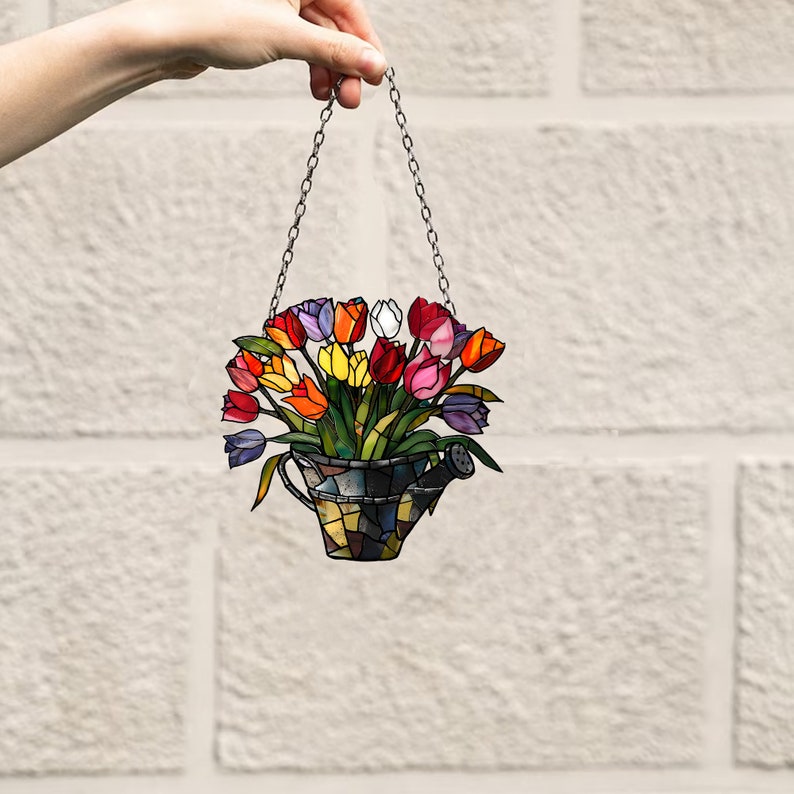 Tulip Flowers Basket – Gift For Friends, Family Members – Window Hanging Suncatcher Ornament