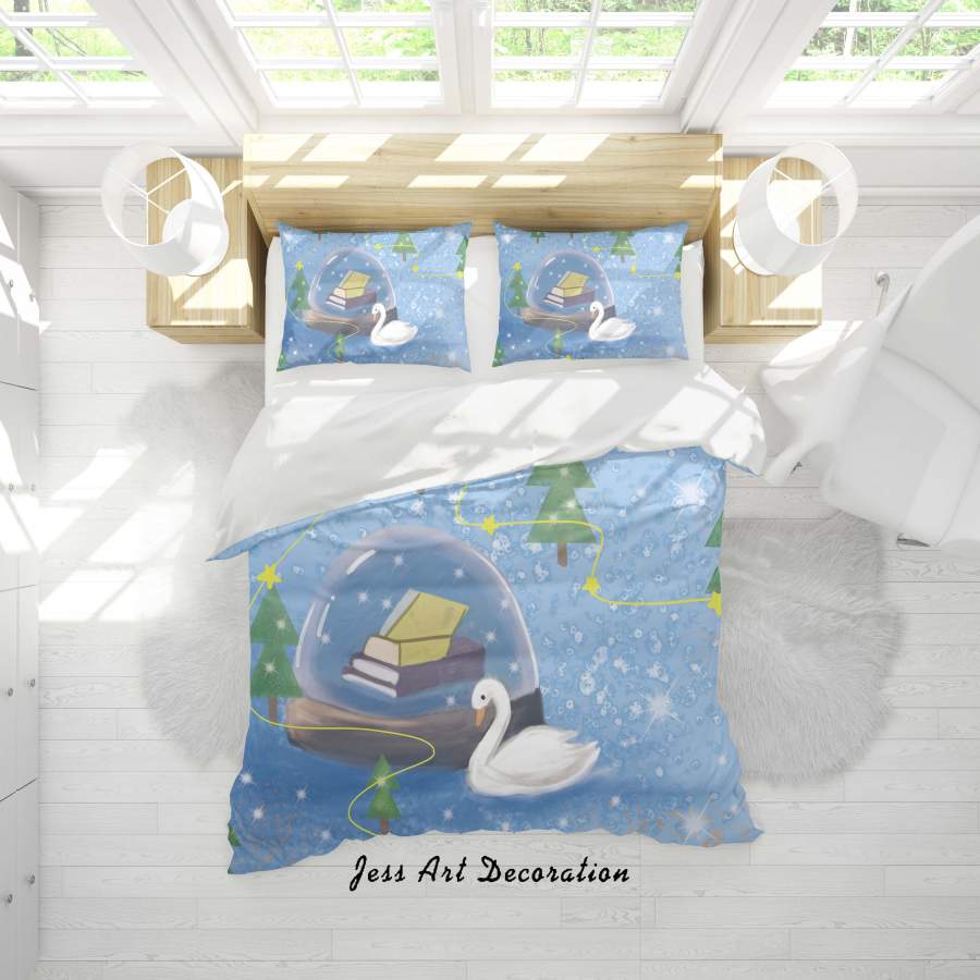 3D Cartoon Blue Pond Swan Book Quilt Cover Set Bedding Set Duvet Cover Pillowcases A585 LQH