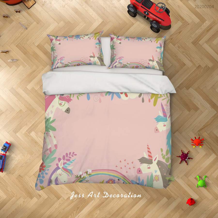 3D Pink Rainbow Floral Unicorn Quilt Cover Set Bedding Set Duvet Cover Pillowcases SF77