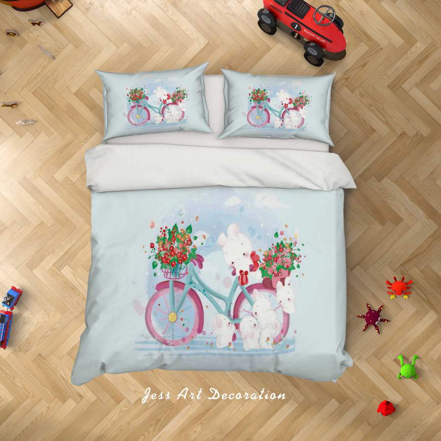 3D Blue Rabbit Floral Bicycle Quilt Cover Set Bedding Set Duvet Cover Pillowcases SF99