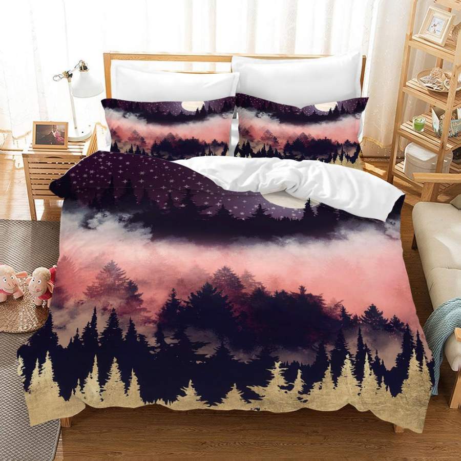 3D Red Black Golden Forest Moon Star Quilt Cover Set Bedding Set Pillowcases 104