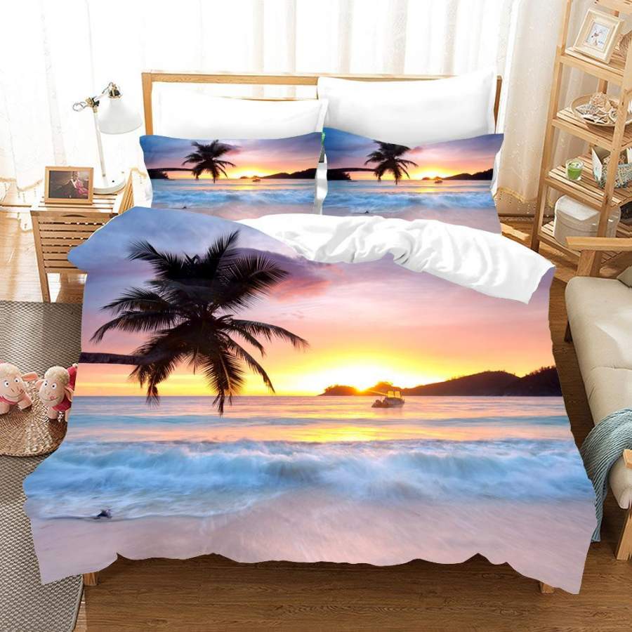 3D Setting Sun Seaside Beach Tropical Palm Tree Quilt Cover Set Bedding Set Pillowcases 40