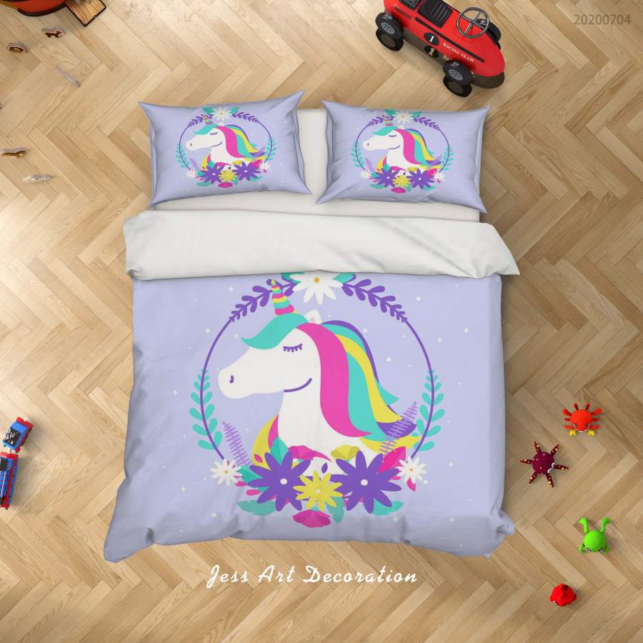 3D Purple Floral Unicorn Quilt Cover Set Bedding Set Duvet Cover Pillowcases SF243