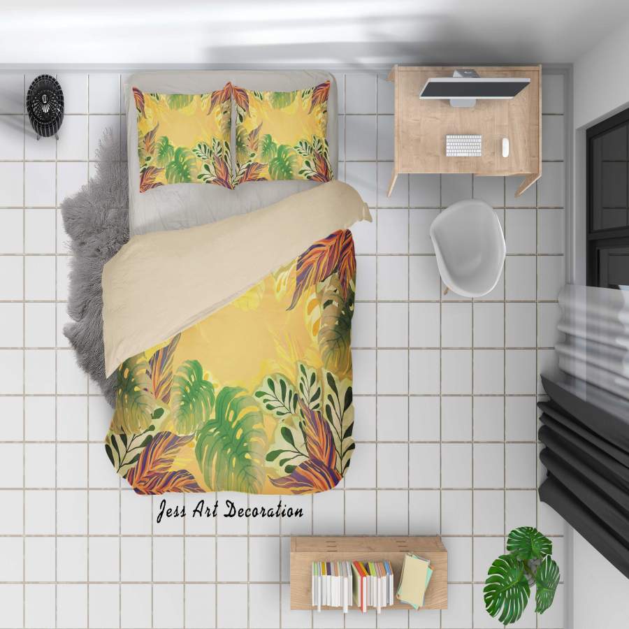 3D Tropical Leaves Yellow Quilt Cover Set Bedding Set Duvet Cover Pillowcases A031 LQH