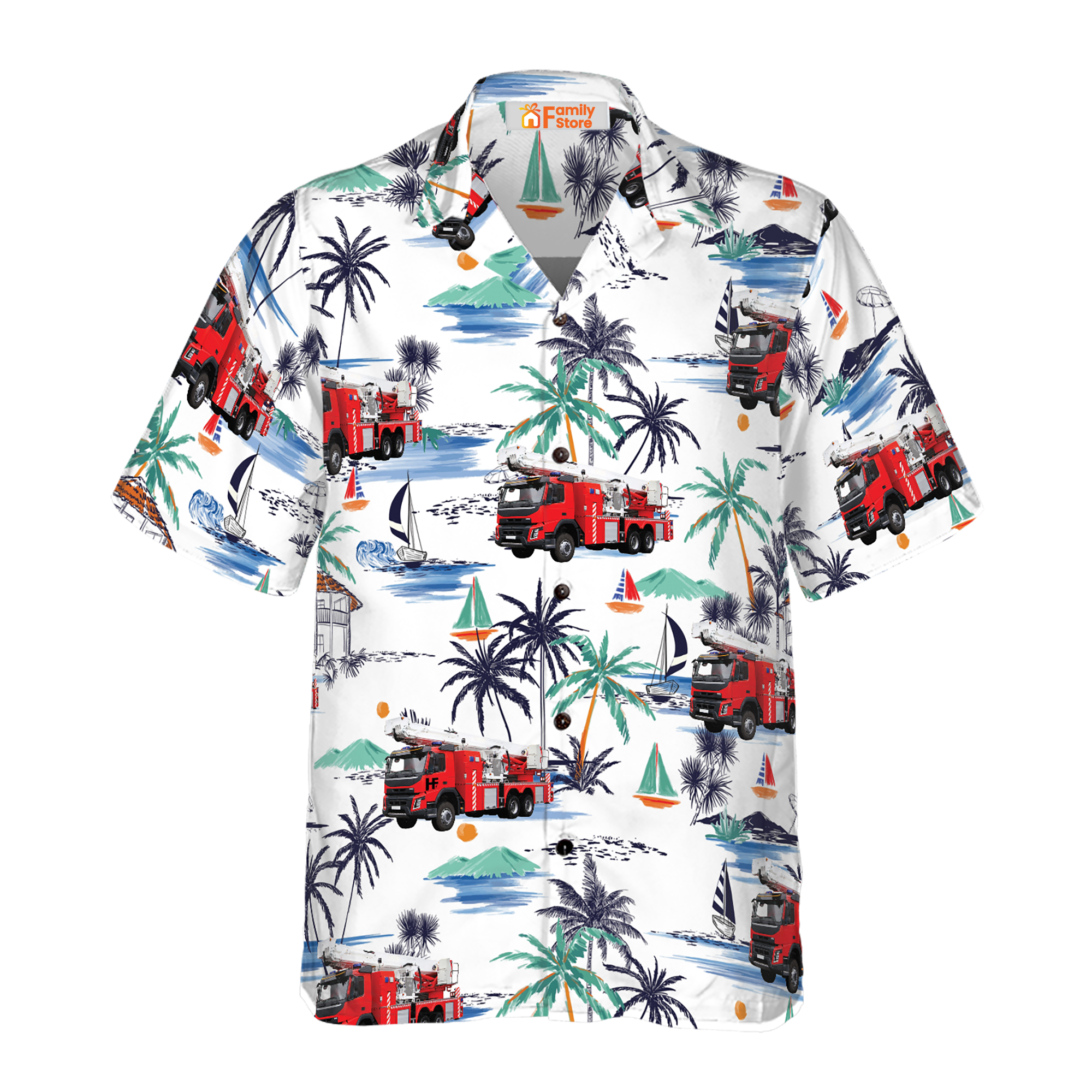 White Tropical Red Fire Truck Firefighter Hawaiian Shirt For Men