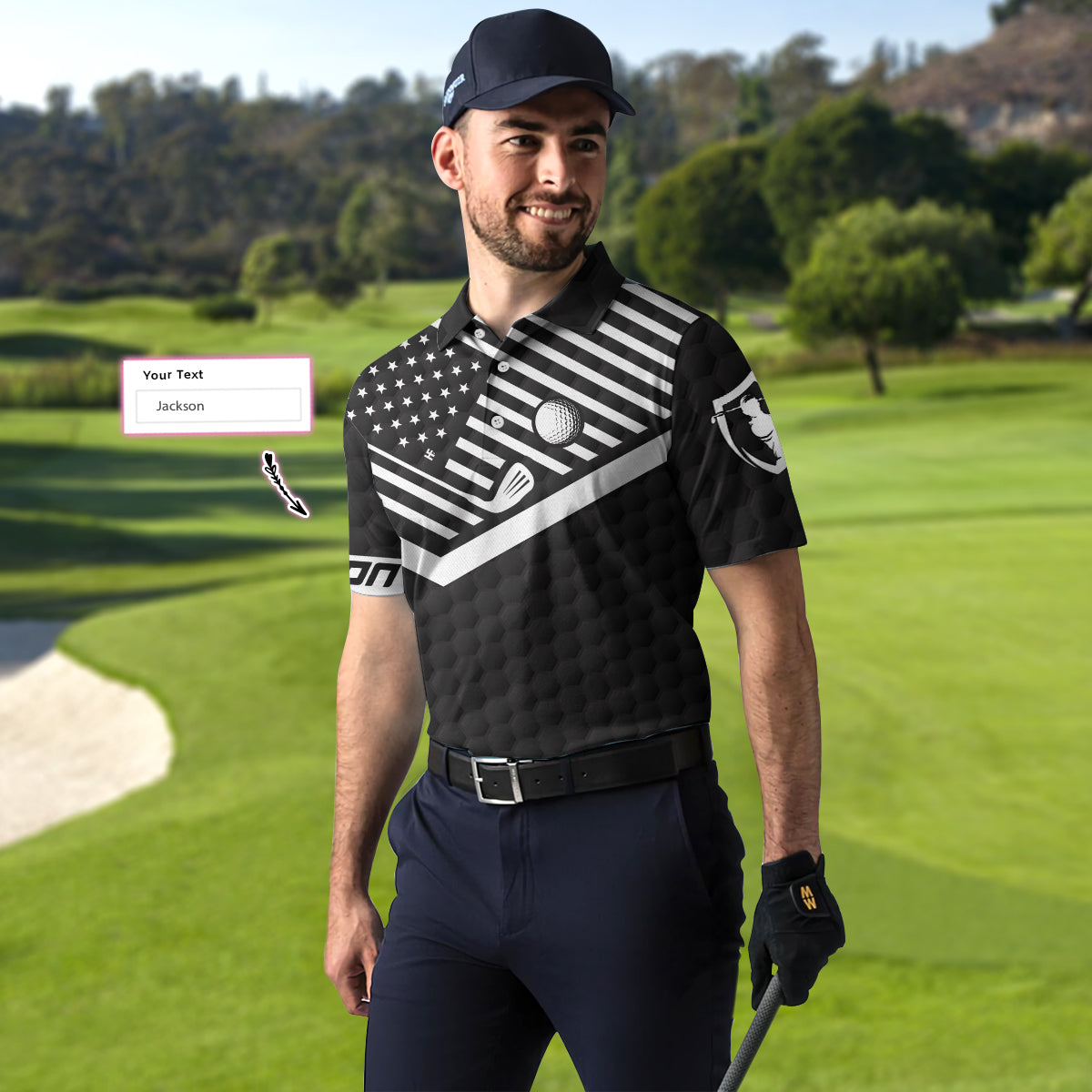 Personalized Black Theme American Flag Golf Polo Shirt
