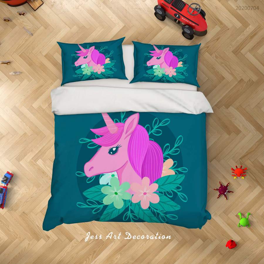 3D Green Floral Unicorn Quilt Cover Set Bedding Set Duvet Cover Pillowcases SF251