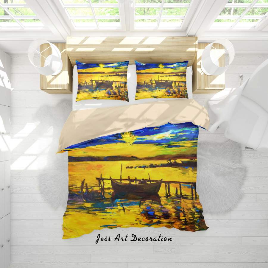 3D Sunset Boat Sea Oil Painting Quilt Cover Set Bedding Set Duvet Cover Pillowcases A044 LQH