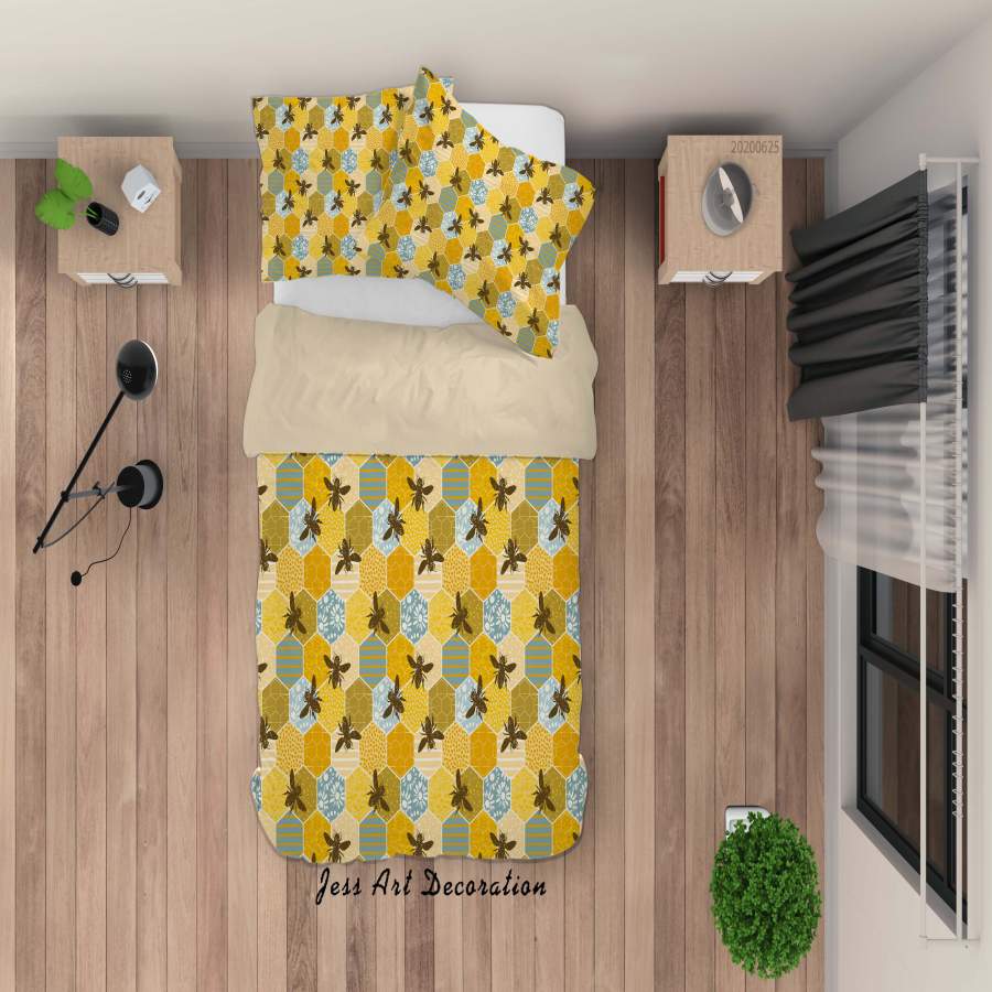 3D Yellow Honeycomb Bee Floral Quilt Cover Set Bedding Set Duvet Cover Pillowcases SF93