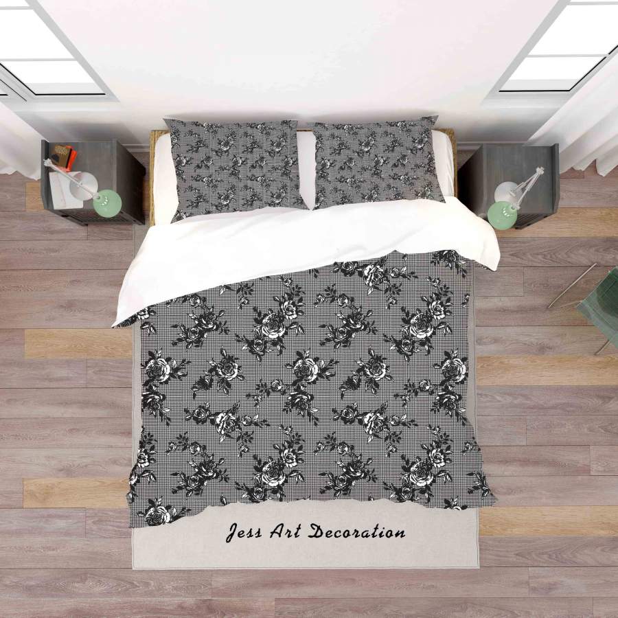 3D Gray Black Check Floral Quilt Cover Set Bedding Set Duvet Cover Pillowcases SF135