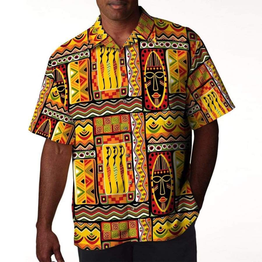 African Tribal Face Pattern Tropical Hawaiian Aloha Shirts