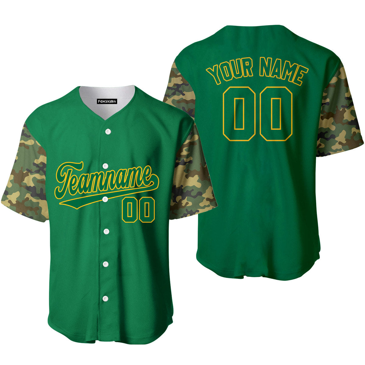 Personalized Kelly Green Camo Raglan Yellow Baseball Tee Jersey