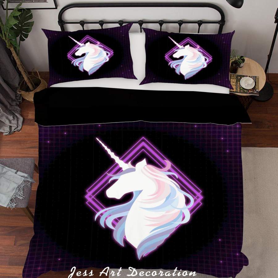 3D Black Square Unicorn Quilt Cover Set Bedding Set Duvet Cover Pillowcases SF