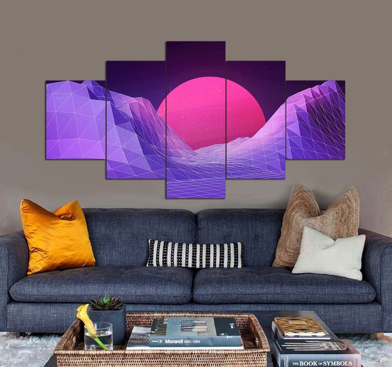 Abstract Purple Moon Digital Art Landscape 3D 5 Piece Canvas Art