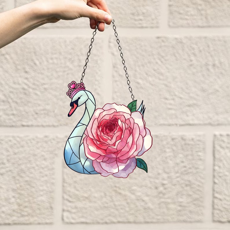 Queen Of Swan With A Pink Rose – Gift For Friends, Family Members – Window Hanging Suncatcher Ornament