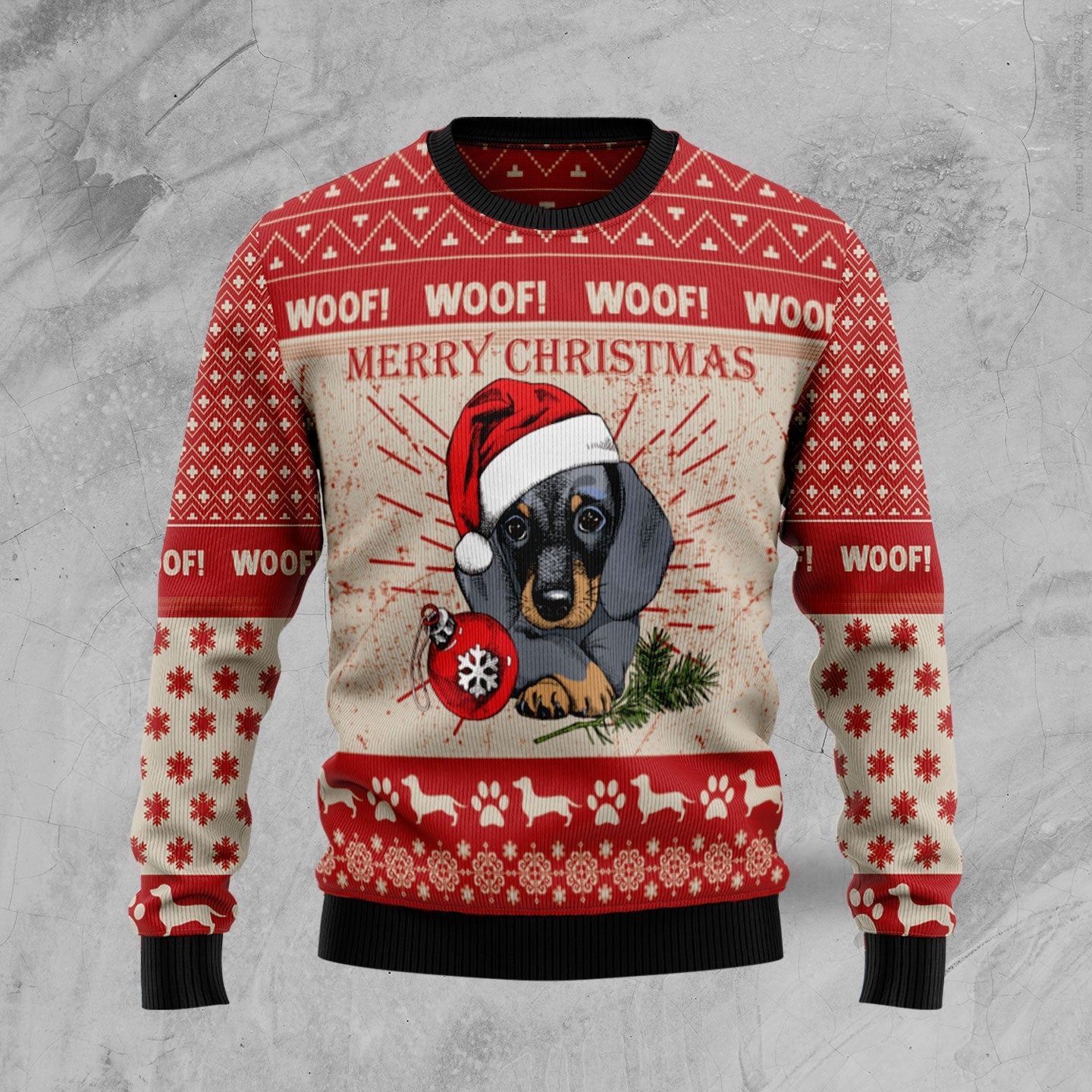 Woof Dachshund Dog Ugly Christmas Sweater