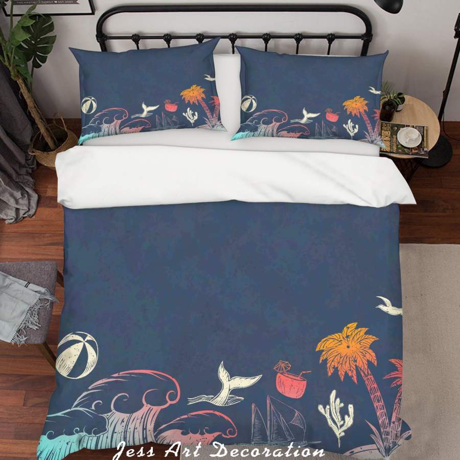 3D Blue Ball Whale Sailboat Coconut Palm Tree Seagull Wave Quilt Cover Set Bedding Set Duvet Cover Pillowcases SF97